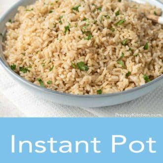Pinterest graphic of a bowl of Instant Pot brown rice with parsley garnish.