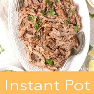 Pinterest graphic of a white platter of Instant Pot pulled pork with a spoon. Topped with chopped parsley as garnish.