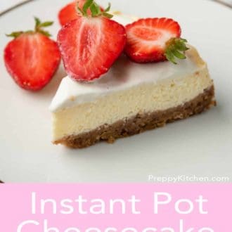 piece of instant pot cheesecake and strawberries on a plate