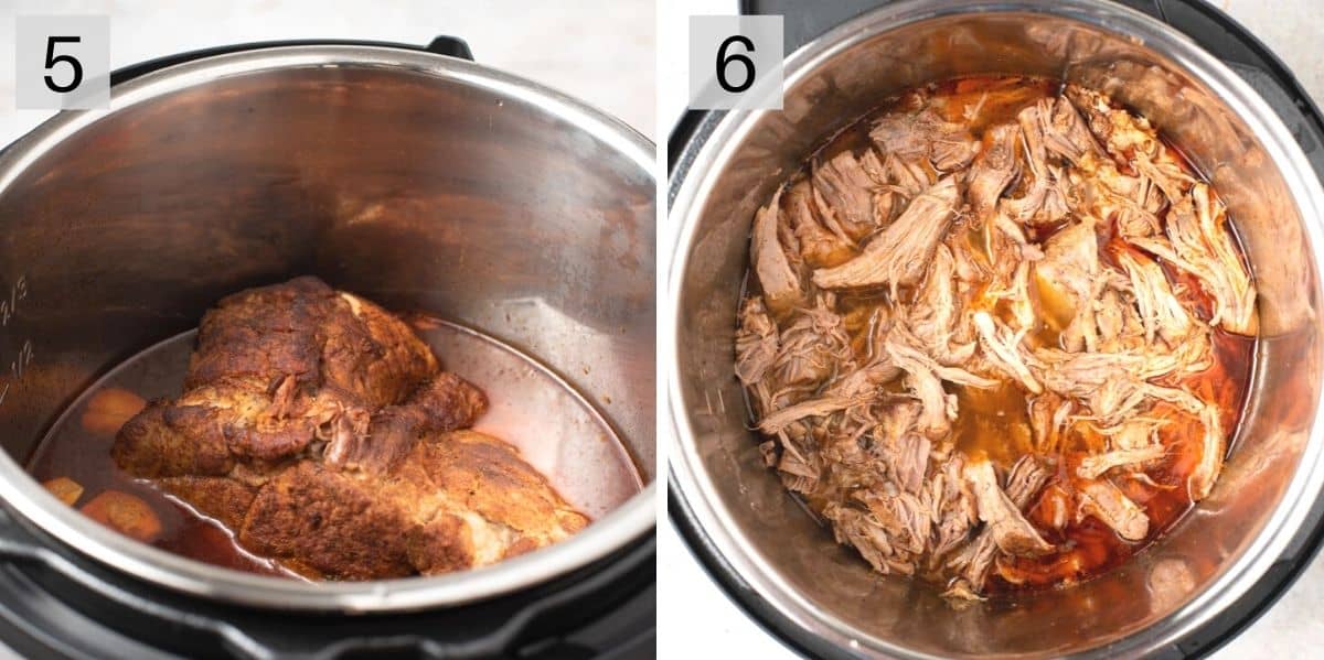 Two photos showing cooked and shredded instant pot pulled pork