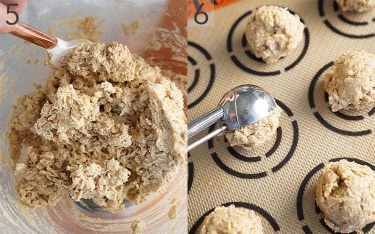 oatmeal cookie dough being scooped and placed on a backing sheet