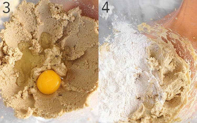 A photo collage showing an egg being added to creamed butter and flour getting mixed in.