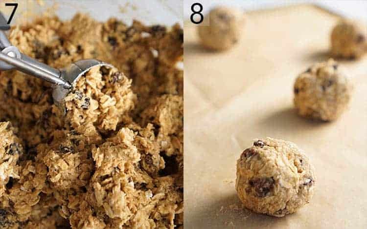 A photo collage showing oatmeal raisin cookie dough being scooped and placed on a baking sheet