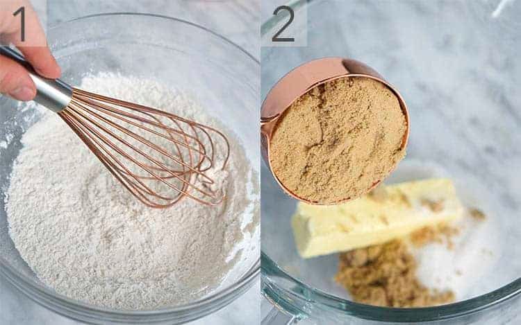 Two photos showing Dry and wet ingredients being whisked together and