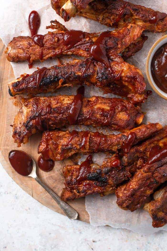 An overhead shot of instant pot ribs with barbecue sauce