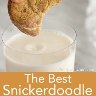 snickerdoodle cookie being dunked in milk
