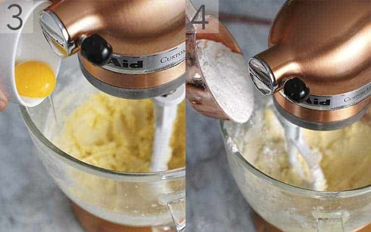 two photos showing the egg and flour added to the batter to make butter cookies