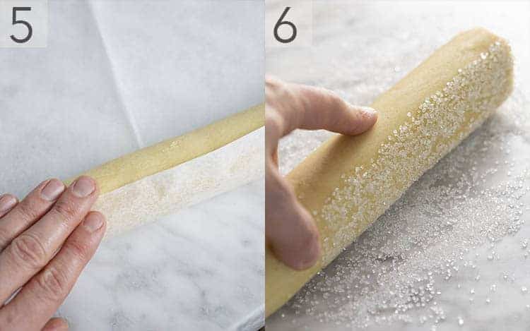 two photos showing the dough being wrapped to chill then rolled in sugar 