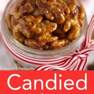 glass jar filled with candied walnuts