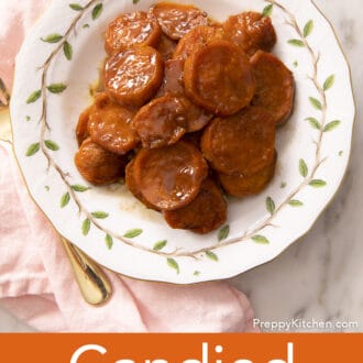 Pinterest graphic of candied yams on a plate next to a pink napkin.