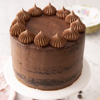 a whole chocolate zucchini cake on a cake stand
