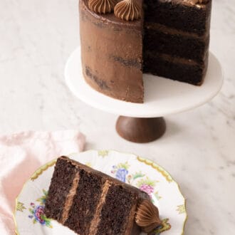 chocolate zucchini cake on a cake stand