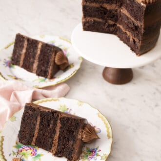 chocolate zucchini cake on a cake stand
