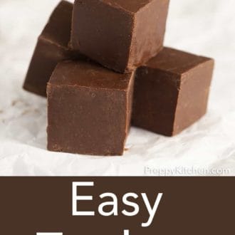Pinterest graphic of a stack of square fudge pieces.