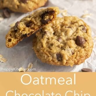 stack of oatmeal chocolate chip cookies on parchment paper