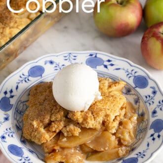 Pinterest graphic of apple cobbler on a plate with a scoop of vanilla ice cream on top.