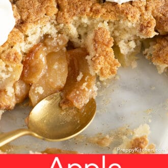 Pinterest graphic of apple cobbler getting scooped with a golden spoon.