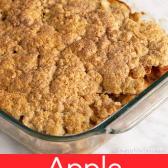 Pinterest graphic of apple cobbler in a glass baking dish.