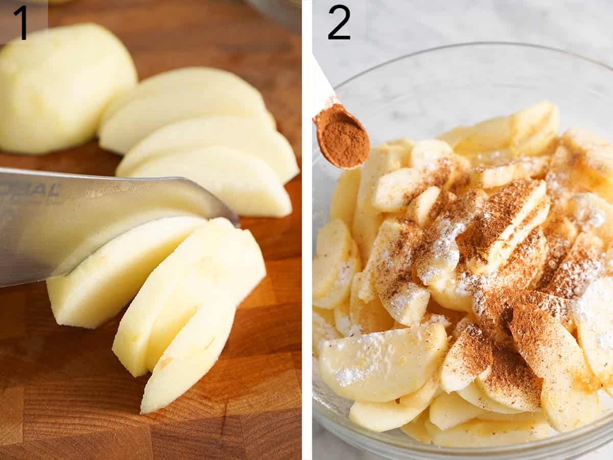 Set of two photos showing apples getting sliced and then tossed with cinnamon and sugar.