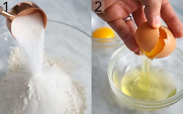 Two images showing dry ingredients going into a bowl and eggs getting separated