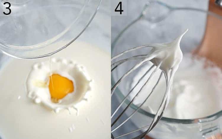 Two images showing egg yolks being added to a bowl of milk and egg whites being whipped