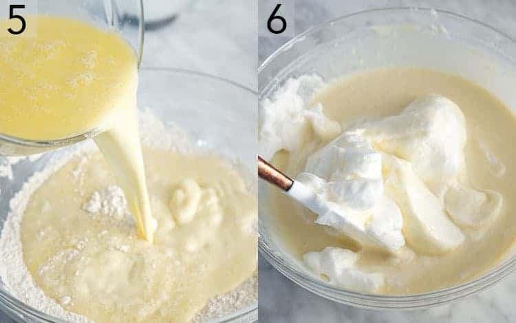 Two images showing Beldian waffle batter getting mixed