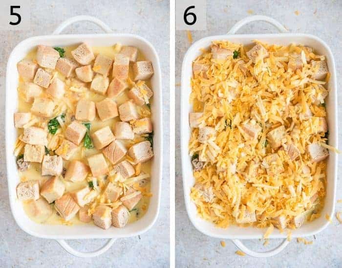 Two photos of a breakfast casserole topped with bread and then cheese