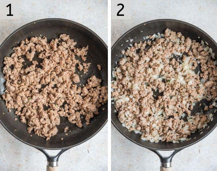 Browning sausage and onions to make a breakfast casserole