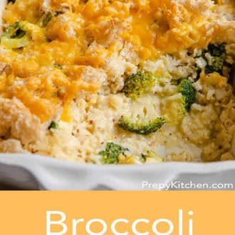 broccoli casserole in a white casserole dish