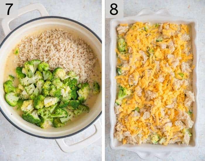 Photos showing broccoli and rice being added to a casserole