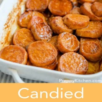 Pinterest graphic of candied yams in a white casserole dish