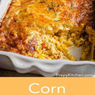 corn casserole in a white casserole dish
