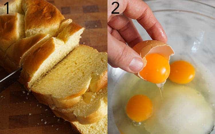 two photos showing bread being sliced and eggs getting added to a bowl