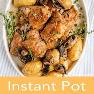 instant pot chicken thighs and potatoes on a white serving plate