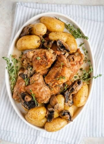 An overhead shot of instant pot chicken thighs and potatoes