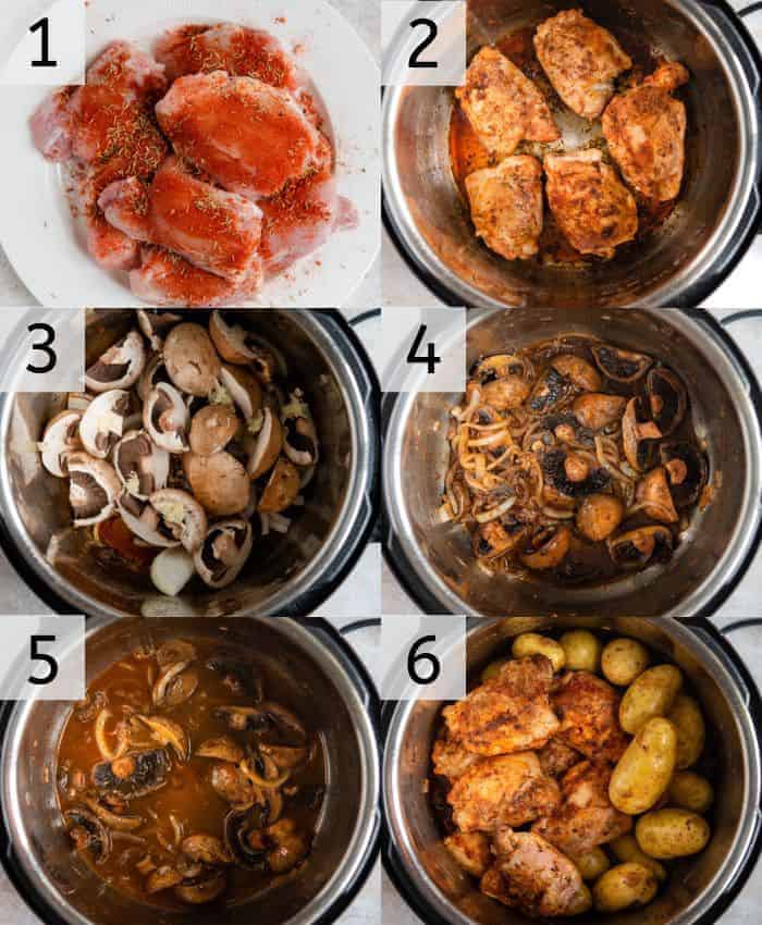 Step by step photos for making instant pot chicken thighs and potatoes
