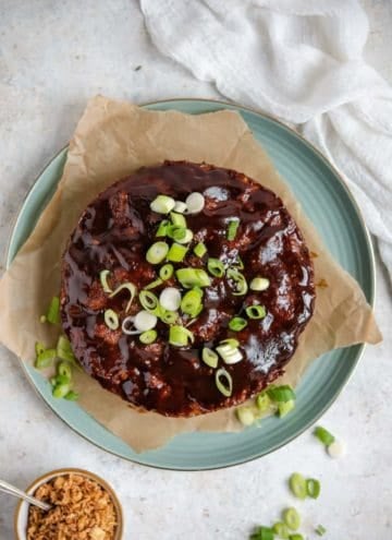 An overhead shot of an instant pot meatloaf topped with scallions