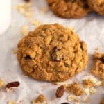 A close up of an oatmeal raisin cookie