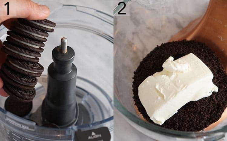 Two photos showing Oreos being crushed and mixed with cream cheese