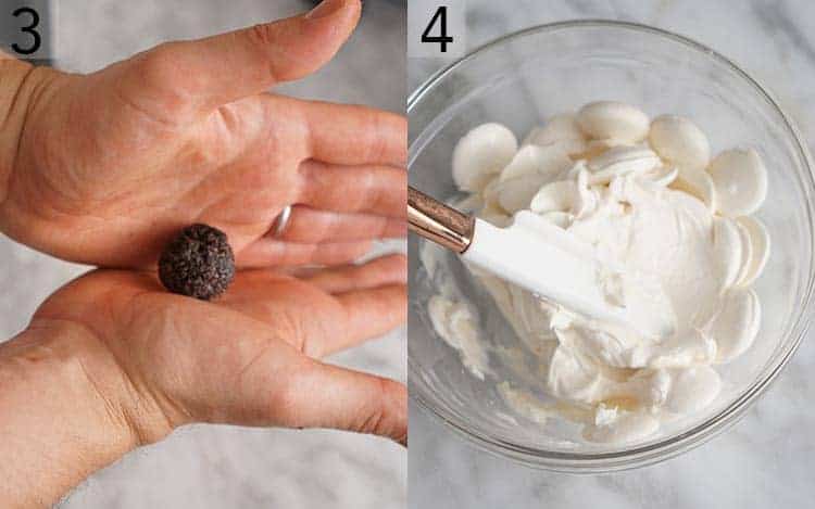 Two photos showing Oreo balls being rolled by hand and candy melts being mixed