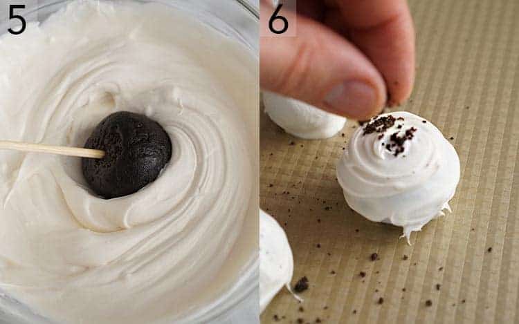 Two photos showing Oreo balls being dipped and decorated with cookie crumbs