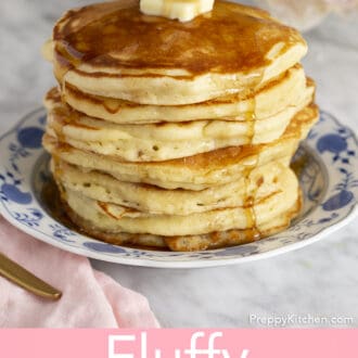 stack of fluffy pancakes on a plate with syrup