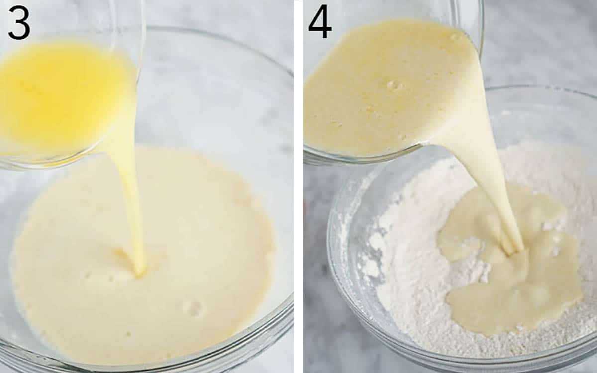 Melted butter pouring into a bowl of milk and then getting poured into dry ingredients. 