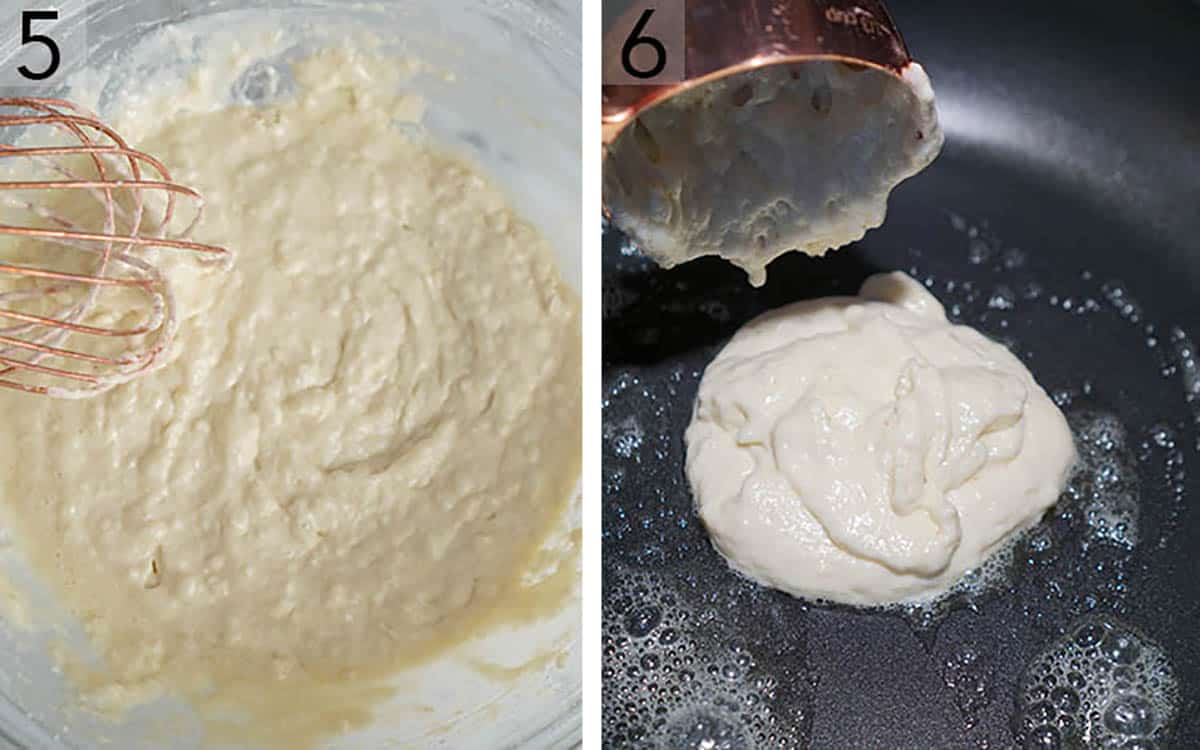 Pancake batter getting mixed then cooked in a skillet.