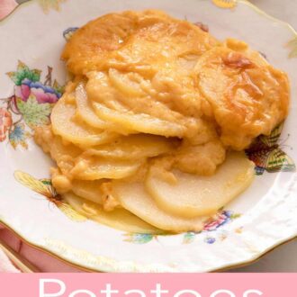A pinterest graphic of potatoes au gratin on a plate.