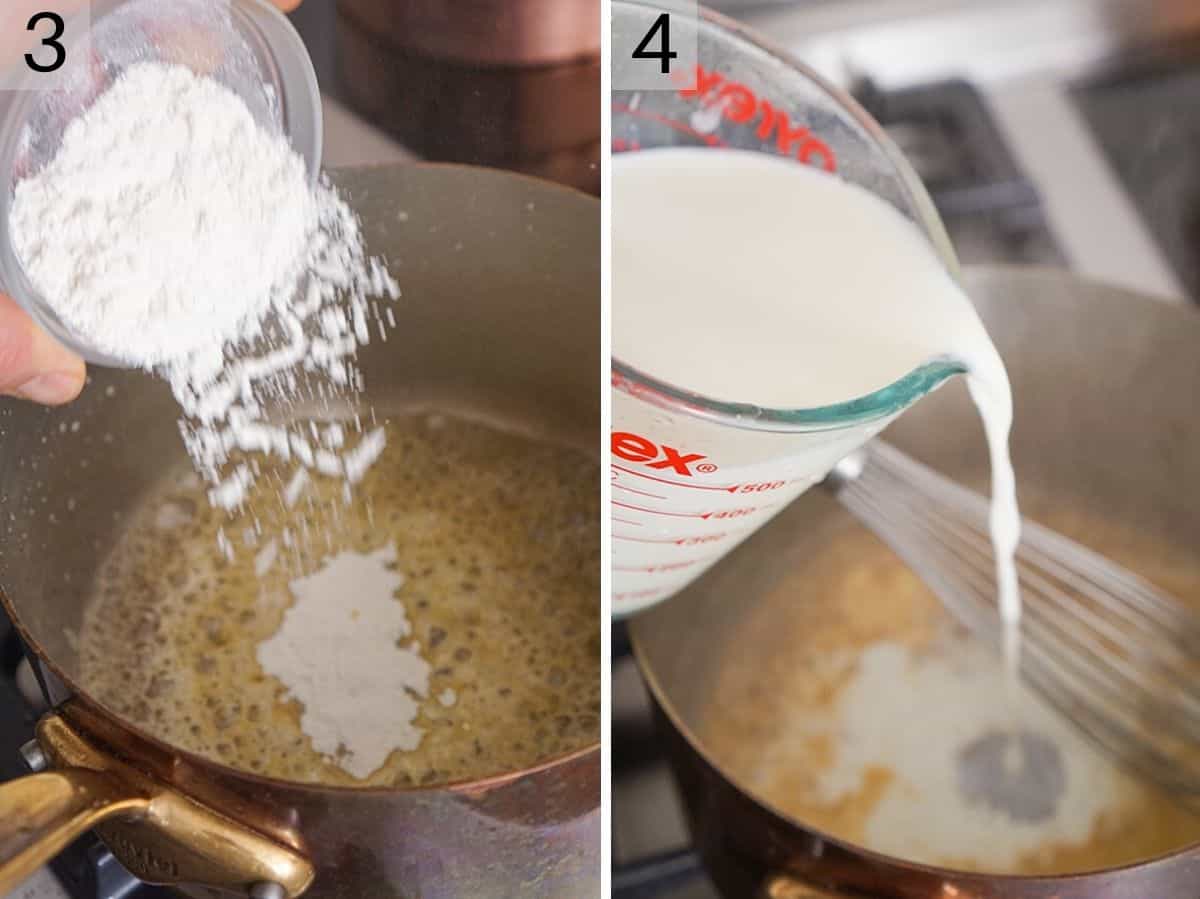 Set of two photos showing flour added to melted butter and milk added.