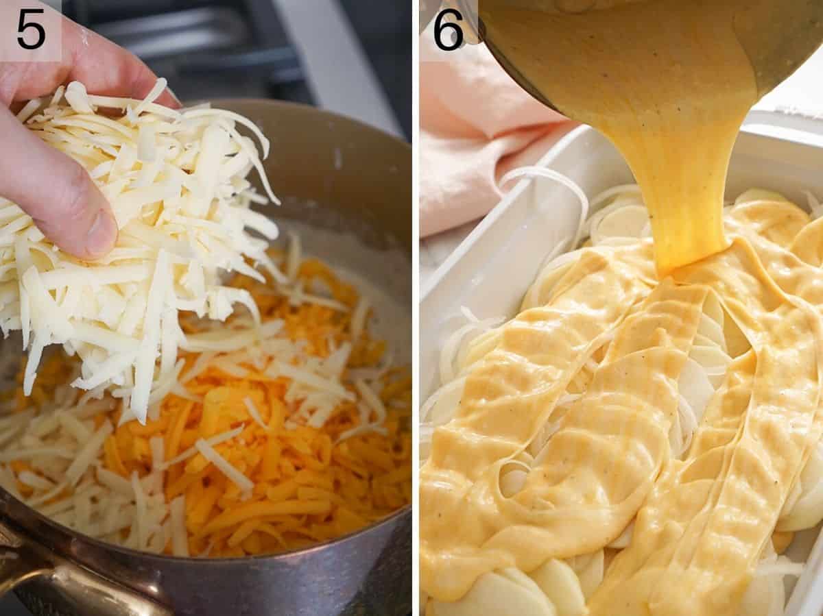 Set of two photos showing cheese added to the pot to create a cheese sauce that's poured over the casserole dish.