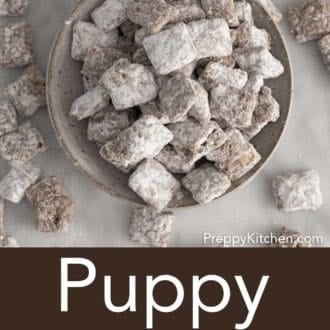puppy chow stacked in a gray bowl