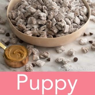 puppy chow stacked in a pink bowl