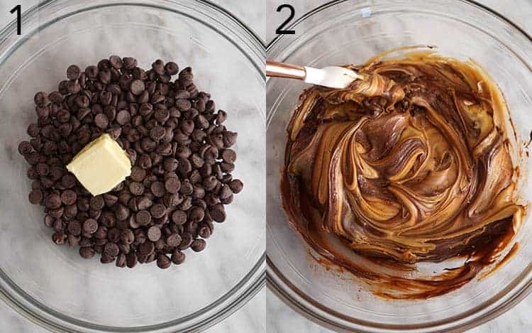 Two photos showing a glass bowl of chocolate chips and butter and then being mixed with peanut butter to make puppy chow.
